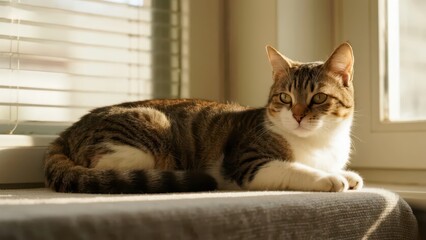 A cat lies lazily on the windowsill, basking in the sun, looking cute.