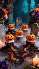 Creative Halloween cupcakes topped with jack-o’-lantern faces arranged like gravestones