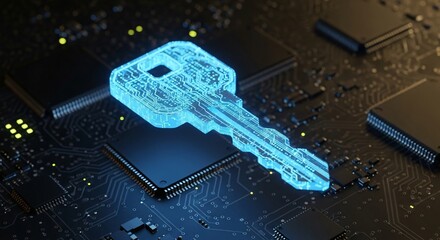 Digital key unlocking data security and privacy on circuit board background