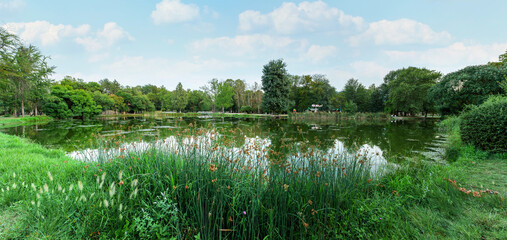 A lake and surrounding trees in a park in the centre of Skopje