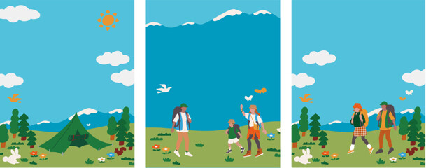 ハイキングや山登り、キャンプを楽しむ人物のベクターのインスタグラムサイズテンプレート Instagram-sized vector template featuring a person enjoying hiking, mountain climbing, and camping.