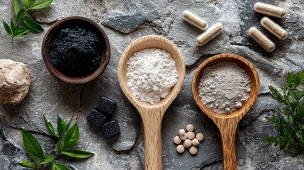 Natural shilajit and supplements displayed in wooden spoons on stone  