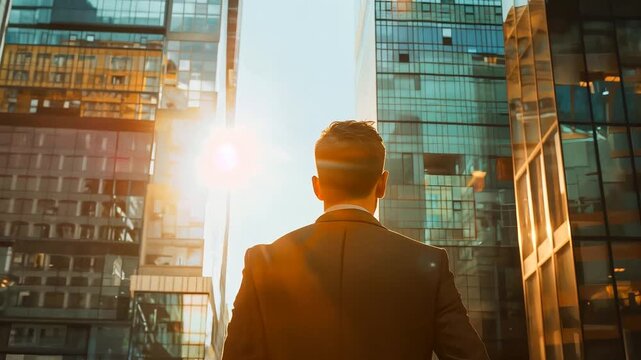 Hombre caminando hacia el futuro entre rascacielos al atardecer