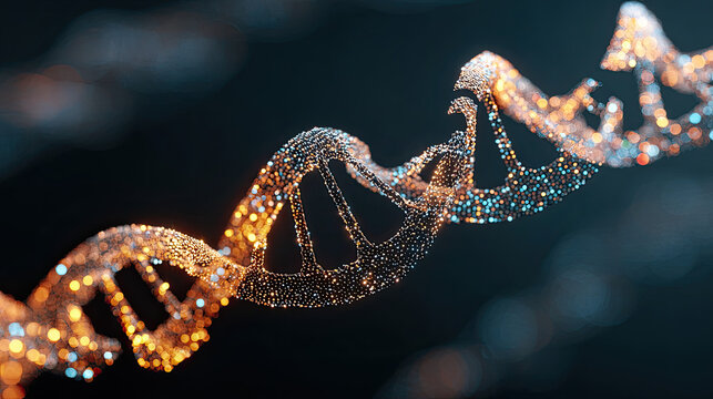 Abstract glowing digital DNA strand with broken segments and particles.