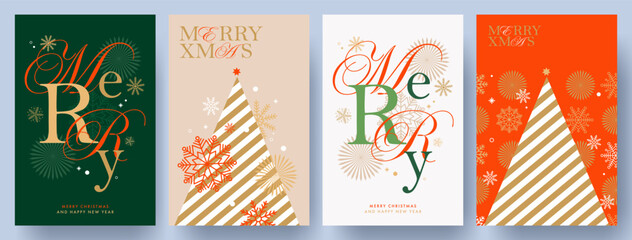 Merry Christmas and Happy New Year Set of greeting cards, posters, holiday covers. Xmas Design with beautiful snowflakes in modern line art style, Christmas tree and typography design. Christmas decor