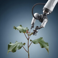 A 3D model of a robotic arm with a sensor, carefully inspecting a single leaf on a plant.