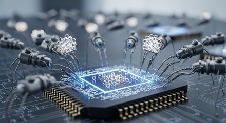 Futuristic AI robots working on a computer chip with glowing lights