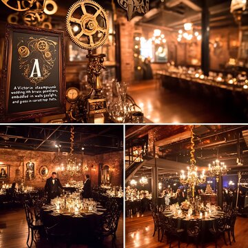 A Victorian steampunk wedding with brass gears embedded in walls