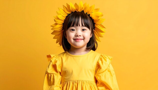 Smiling child with down syndrome wearing a sunflower crown, dressed in a bright yellow dress against a vibrant yellow background. Kids with Down syndrome wearing Halloween costume.