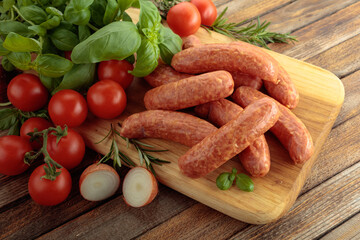 Sausages with basil and tomatoes on a cutting board.