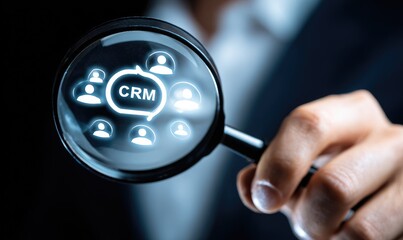 Hand holding magnifying glass focusing on CRM icons
