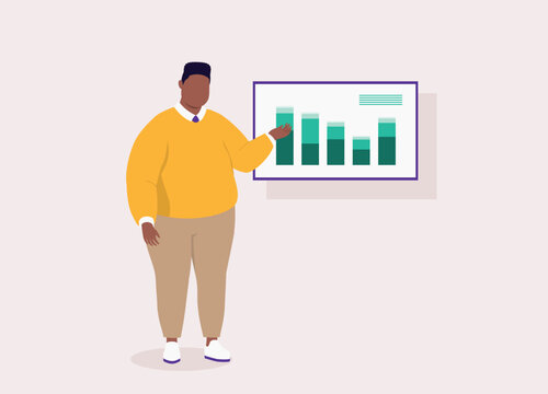 One Plus Size Black Businessman In Business Clothing Giving A Presentation With Graphs On Monitor.