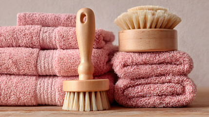Luxurious pink terry cloth towels and natural wood cleaning brushes create a spa-like atmosphere for home self-care routines