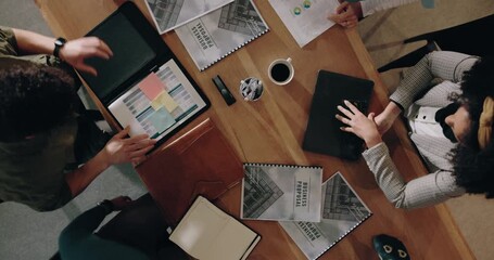 Top view, team and people in office with table, support and documents for project proposal. Business, meeting and analyst in workplace with paperwork, collaboration and report for implementation plan - Powered by Adobe