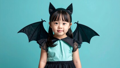 A young girl with down syndrome dressed in a bat costume, smiling, against a teal background. Kids with Down syndrome wearing Halloween costume.