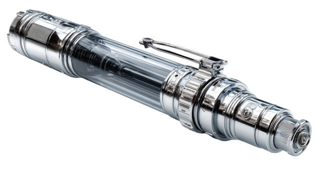 Silver Ornate Luxury Pen with Transparent Body on Black Background