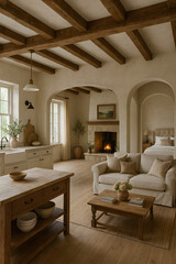 Cozy rustic open-concept interior with fireplace