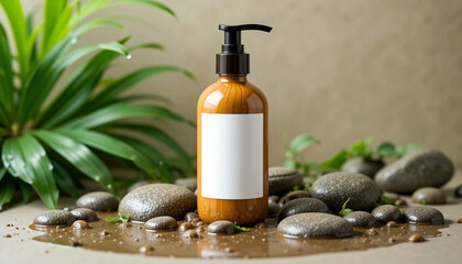 Natural skincare product with blank label mockup featuring a wooden bottle with pump cap, surrounded by smooth stones