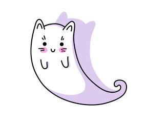 Ghost Cat. Spooky flying spirit. Cute halloween phantom character. Vector isolated illustration.