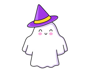 Ghost wearing hat. Spooky flying spirit. Halloween phantom character. Vector isolated illustration.