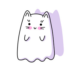Ghost Cat. Spooky flying spirit. Cute halloween phantom character. Vector isolated illustration.