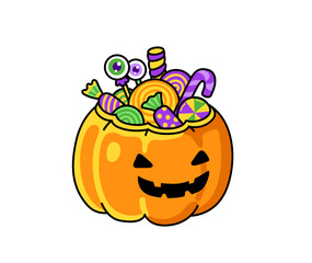 Scary pumpkin basket with candy. Trick or treat. Halloween decorative element. Cartoon vector isolated illustration.