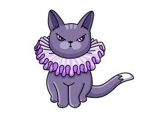 Gray cat wearing jabo, ruff, frilly colar. Proud and stern feline cartoon comic character. Vector isolated illustration.
