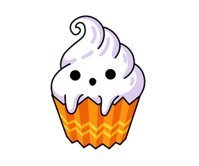 Spooky ghost cupcake. White cream dessert. Halloween decorative element. Vector isolated illustration.