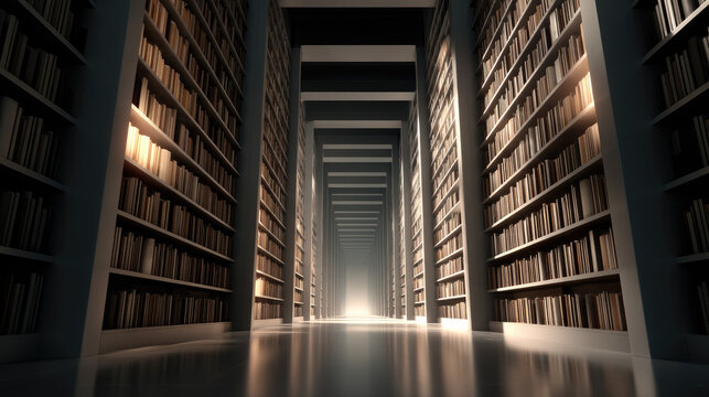 Bright and Expansive Library Corridor with Infinite Bookshelves and Vanishing Point