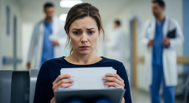  Worried woman her face showing despair and shock after reading bad medical bill, test results while sitting in a hospital chair