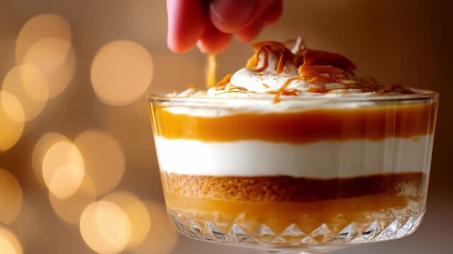 Dessert trifle in glass cup being garnished on soft bokeh background