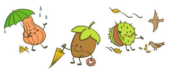 Cute autumn characters including squash, acorn and chestnut with umbrellas and birds. Concept of seasonal change, harvest joy and whimsical fall atmosphere