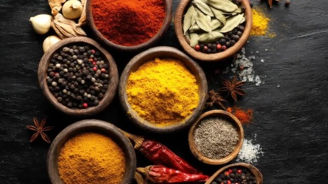 Colorful assortment of spices in wooden bowls, arranged on a dark stone surface.