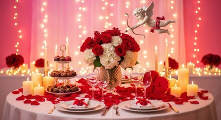 A romantic Valentine’s Day scene has a decorated table with roses, chocolates, candles, and fairy lights.