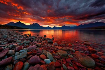 Fiery sunset over lake with colorful stones