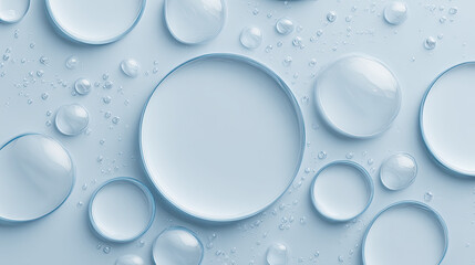 Minimalist Clear Liquid Drops and Bubbles Pattern Forming Circles on Blue Background