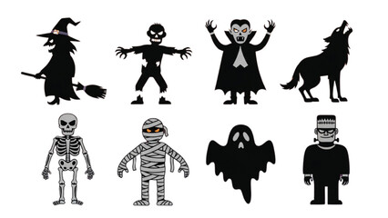 Halloween Monsters Silhouettes | Witch, Vampire, Zombie, Ghost, Werewolf, Skeleton, Mummy, Frankenstein Vector Set