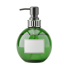 Obraz premium Green glass pump bottle with white label on dispenser liquid green glass bottle pump dispenser isolated on a white transparent background png file download. 