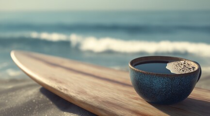 Coffee Break by the Shoreline: A serene shot of a coffee cup resting on a surfboard, poised against the tranquil backdrop of the ocean. capturing the perfect blend of relaxation and the calm feeling.