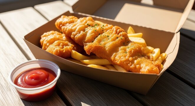 Classic Fish and Chips with Ketchup - Takeaway Meal