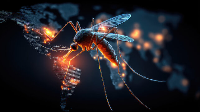 Mosquito with Glowing Proboscis over World Map Epidemic