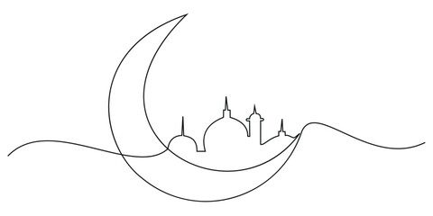 Crescent moon and mosque continuous one line drawing. Hand drawn Editable stroke. Vector illustration.