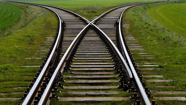 Two diverging railway tracks crossing each other in a green grassy landscape symbolizing choice and direction