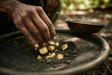 Close up of a person s hands carefully sifting through dirt and rocks in a gold pan looking for precious minerals