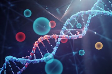 Abstract visualization of a glowing blue and red dna double helix structure with floating colorful spheres against a dark starry background