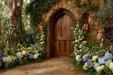 Fototapeta premium Stone archway with wooden door, framed by abundant flowers and greenery. Use this image to evoke a sense of fantasy, romance or a hidden entrance.