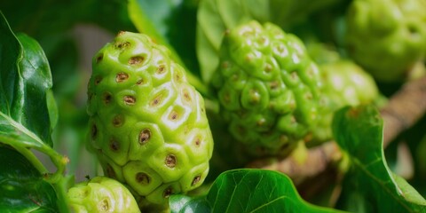 Fototapeta premium Close-up of fresh noni fruit with green leaves in natural sunlight