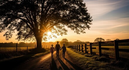Fototapeta premium Children Walking Towards Sunset on Country Road