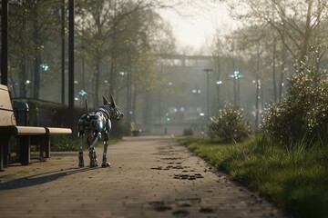 Naklejka premium Robotic dog exploring a tranquil park during early morning with soft sunlight illuminating the surroundings
