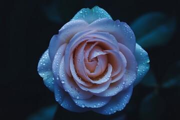 A delicate pale blue and peach rosebud unfurls its petals glistening with tiny water droplets against a dark moody background